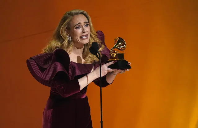 English singer-songwriter Adele accepts the award for best pop solo performance for “Easy On Me” at the 65th annual Grammy Awards on Sunday, February 5, 2023, in Los Angeles. (Photo by Chris Pizzello/AP Photo)