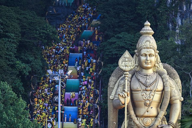 Hindu devotees climb the 272 steps to the Batu Caves temple to make offerings during the Thaipusam festival at Batu Caves on the outskirts of Kuala Lumpur on February 11, 2025. Hundreds of thousands ethnic Indian Malaysians gathered in temples across the country to celebrate the Thaipusam religious festival on February 11, with many piercing their bodies with hooks and skewers in acts of devotion. (Photo by Mohd Rasfan/AFP Photo)