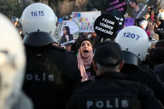 A demonstrator shouts slogans during a rally to mark the International Women's Day in Diyarbakir, Turkey on March 8, 2023. (Photo by Sertac Kayar/Reuters)