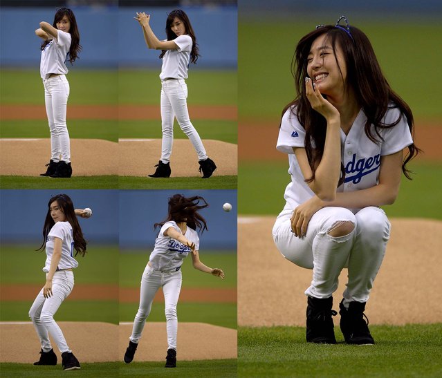 American born Korean pop singer Tiffany Hwang throws out the ceremonial first pitch prior to the Dodgers' game against the Arizona Diamondbacks in Los Angeles, on May 6, 2013. (Photo by Mark J. Terrill/Associated Press)