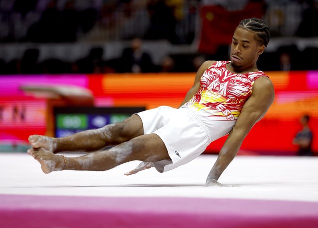 Thierno Diallo of Spain performs in the Men's Vault at the FIG Artistic Gymnastics World Championships 2025 in Jakarta, Indonesia, 19 October 2025. (Photo by Mast Irham/EPA)