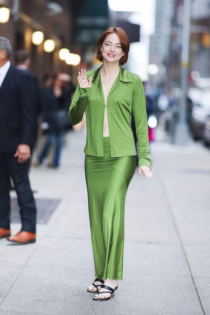 American actress Emma Stone is seen at “The Late Show With Stephen Colbert” in Midtown on October 22, 2025 in New York City. (Photo by Aeon/GC Images)