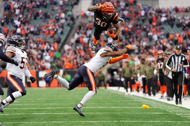 Cincinnati Bengals running back Chase Brown (30) hurdles Chicago Bears defensive back Kevin Byard III (31) on a run during an NFL football game, Sunday, November 2, 2025, in Cincinnati. (Photo by Kareem Elgazzar/AP Photo)