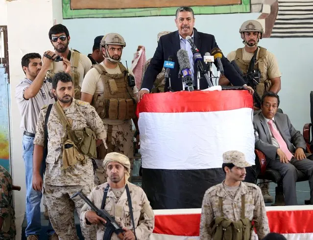 Yemen's Vice President and Prime Minister Khaled Bahah addresses a gathering of local officials after his arrival to the country's northern province of Marib November 22, 2015. (Photo by Ali Owidha/Reuters)