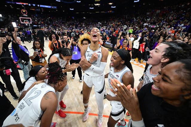 The Las Vegas Aces celebrate after winning the WNBA title on Friday, October 10, 2025. The Aces swept the Phoenix Mercury in the best-of-seven series to claim their third title in four seasons. Superstar A’ja Wilson, center, was named Finals MVP. (Photo by Mike Lawrence/NBAE/Getty Images)