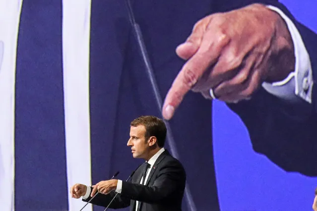 French President Emmanuel Macron gives a speech at a session of the Saint Petersburg International Economic Forum on May 25, 2018 in Saint Petersburg, Russia. (Photo by Ludovic Marin/AFP Photo)