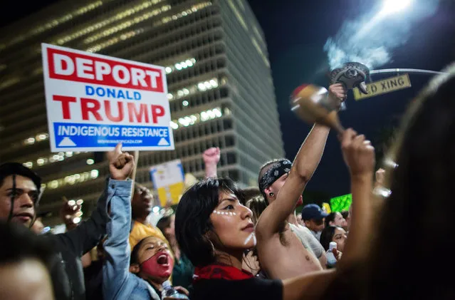 Native Americans protest the upset election of Republican Donald Trump over Democrat Hillary Clinton in the race for President of the United States on November 9 2016 in Los Angeles, California, United States. (Photo by David McNew/Getty Images)