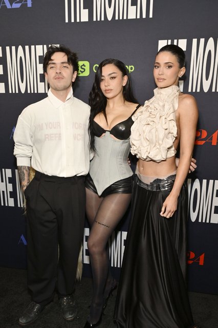 (L-R) Aidan Zamiri, Charli XCX and Kylie Jenner attend the Los Angeles premiere of A24's "The Moment" at Fine Arts Theatre on January 29, 2026 in Beverly Hills, California. (Photo by John Sciulli/Getty Images)