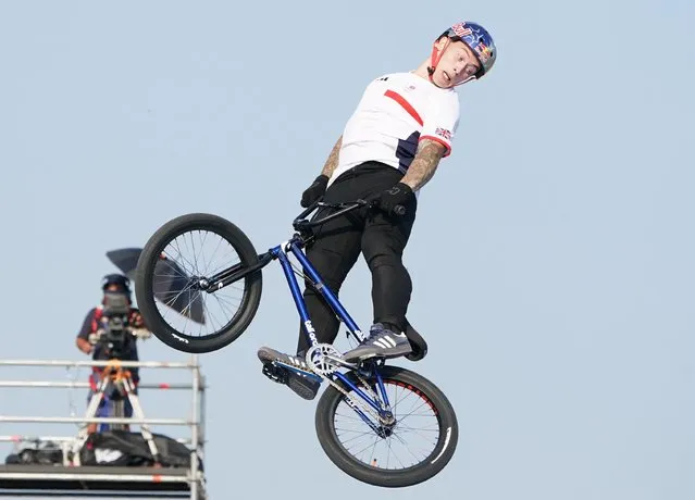 Great Britain's Kieran Darren D Reilly competes to win during the Cycling BMX Freestyle Men's Park Final at the European Cycling Championships at the European Games 2023 at the Krzeszowice BMX Park outside Krakow, south-eastern Poland, on June 22, 2023. The third European Continental Games take place from June 20, 2023 to July 2, 2023 in Krakow and the surrounding Malopolska region in Poland. Great Britain's Kieran Darren D Reilly placed first, France's Antony Jeanjean second and Great Britain's Declan Lee Brooks third in the Cycling BMX Freestyle men's Park Final. (Photo by Janek Skarzynski/AFP Photo)