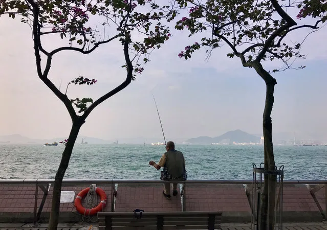 A fisherman holds the hook attached to his line as he sits atop a wall in the area known as Kennedy Town in Hong Kong, China, December 14, 2016. (Photo by David Gray/Reuters)