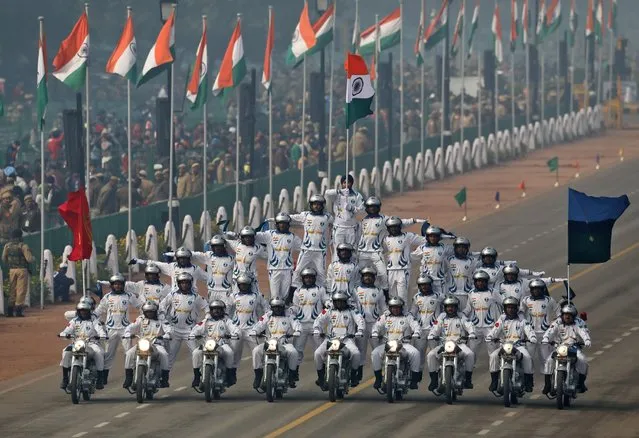 India's Border Security Force (BSF) “Daredevils” motorcycle riders take part in the full dress rehearsal for the Republic Day parade in New Delhi, January 23, 2019. (Photo by Altaf Hussain/Reuters)