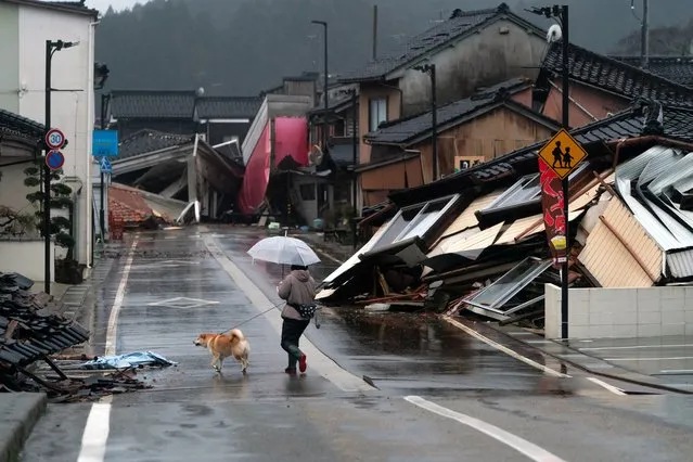 A woman walks with a dog near collapsed houses following an earthquake on January 03, 2024 in Anamizu, Japan. A series of major earthquakes have reportedly killed at least 48 people, injured dozens more and destroyed a large amount of homes. The earthquakes, the biggest measuring 7.1 magnitude, hit the areas around Ishikawa, Toyama and Niigata in central Japan on Monday. (Photo by Tomohiro Ohsumi/Getty Images)