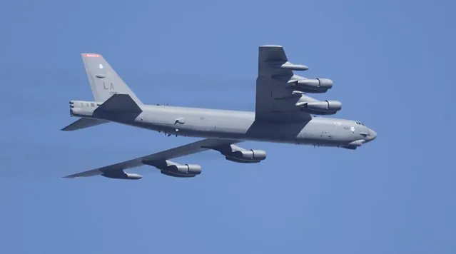 A U.S. Air Force B-52 bomber flies during the Seoul International Aerospace and Defense Exhibition 2023 at Seoul Air Base in Seongnam, South Korea,  on October 17, 2023. A Chinese fighter jet came within 10 feet of an American B-52 bomber flying over the South China Sea and came close to causing an accident, the U.S. military said, underscoring the potential for a mishap as both countries vie for influence in the region. (Photo by Kim In-chul/Yonhap via AP Photo)