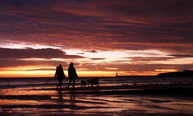 People walking their dogs on Tynemouth beach, Tyne and Wear, on the North East coast of England on Wednesday, December 20, 2023. (Photo by Owen Humphreys/PA Images via Getty Images)