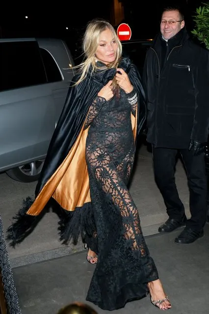 British model Kate Moss arrives at “Laurent” Restaurant to celebrate her 50th Birthday on January 16, 2024 in Paris, France. (Photo by Pierre Suu/GC Images)