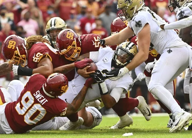 New Orleans Saints quarterback Jameis Winston (2) is stopped short of the first down on a 3rd and 1 play during the fourth quarter in a game between the Washington Football Team and New Orleans Saints at FedEx Field on October 10, 2021 in Landover, Md. (Photo by Ricky Carioti/The Washington Post)