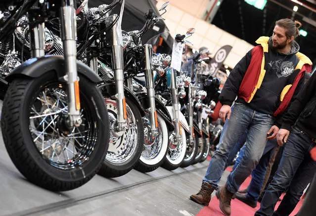 Harley-Davidson bikes are lined up at a bike fair in Hamburg, Germany, February 24, 2017. (Photo by Fabian Bimmer/Reuters)