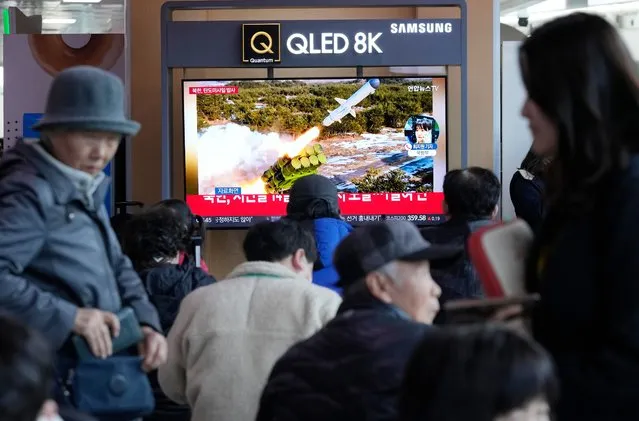 A TV screen shows a file image of North Korea's missile launch during a news program at the Seoul Railway Station in Seoul, South Korea, Monday, March 18, 2024. North Korea fired multiple short-range ballistic missiles toward its eastern waters Monday morning, its neighbors said, days after the end of the South Korean-U.S. military drills that the North views as an invasion rehearsal. (Photo by Ahn Young-joon/AP Photo)