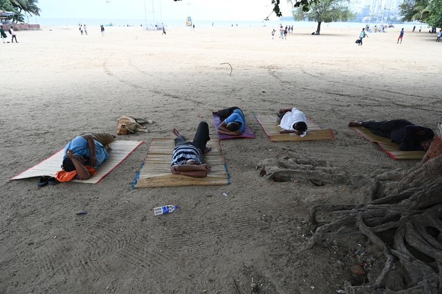 People sleep beneath a tree on a hot afternoon at a beach in Mumbai on June 18, 2024. (Photo by Indranil Mukherjee/AFP Photo)