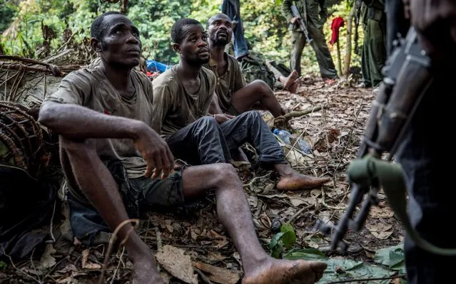 Three poachers sit on the floor after being detained by park rangers in Salonga National Park, Kinshasa, Democratic Republic of the Congo, July 10, 2018. Hunting is prohibited in national parks, which means wildlife is more abundant so poachers often hunt inside the protected areas to find animals with greater ease. (Photo by Thomas Nicolon/Reuters)