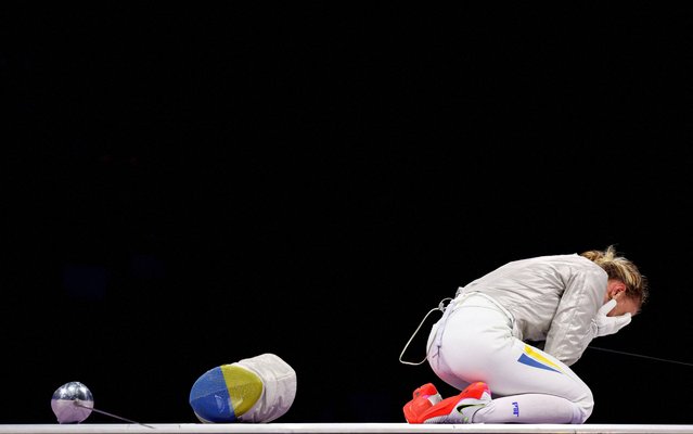 Olga Kharlan of Ukraine celebrates as she wins bronze medal after competing against Choi Se-bin (not seen) of South Korea in the Fencing Women's Foil Individual on day three of the Olympic Games Paris 2024 at Grand Palais in Paris, France on July 29, 2024. (Photo by Maye-E Wong/Reuters)