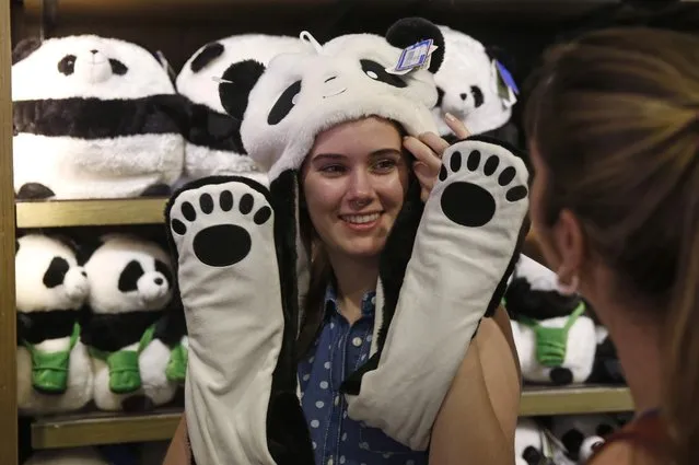 A visitor poses for a photo as she wears panda souvenirs at the shop at Ocean Park in Hong Kong, Tuesday, July 28, 2015. (Photo by Kin Cheung/AP Photo)