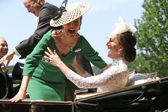 Catherine, Duchess of Cambridge leaps to the rescue as Sophie, Countess of Wessex is photographed nearly falling out of their horse drawn carriage as the royals arrive at Royal Ascot 2017 at Ascot Racecourse on June 20, 2017 in Ascot, England. (Photo by Jason Pix)