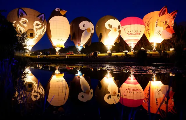 Balloons light up as they are tethered to the ground during the night glow at the Isle of Wight Balloon Festival at Robin Hill Country Park, Isle of Wight on Saturday, May 28, 2022. (Photo by Andrew Matthews/PA Images via Getty Images)