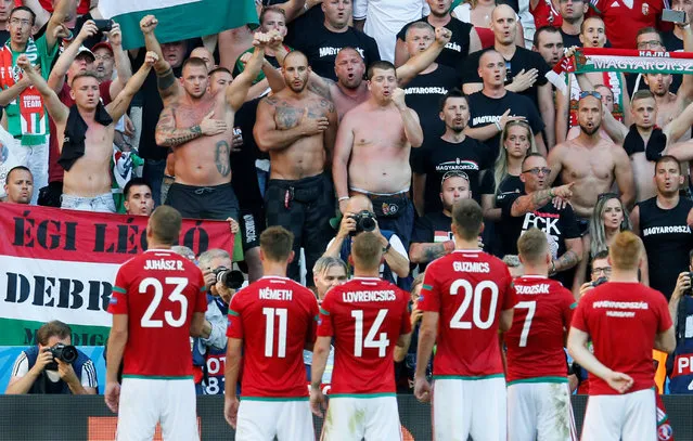 Football Soccer, Hungary vs Portugal, EURO 2016, Group F, Stade de Lyon, Lyon, France on June 22, 2016. Hungary players celebrate with their fans after the match. (Photo by Robert Pratta/Reuters/Livepic)