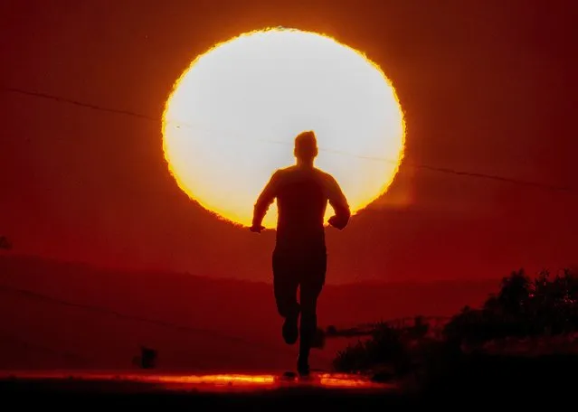 A man runs up a hill on a small road in Frankfurt, Germany as the sun rises on Friday, June 17, 2022. (Photo by Michael Probst/AP Photo)