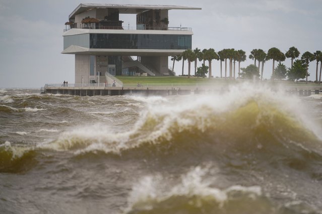 High waves surround the St. Pete Pier in St. Petersburg on September 24, 2024. (Photo by Martha Asencio-Rhine/Tampa Bay Times/AP Photo)