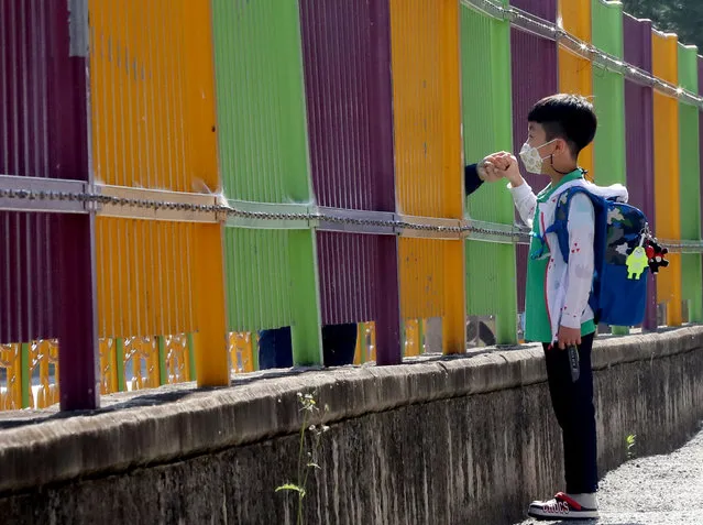 A boy holds his mother's hands as he arrives at an elementary school amid the coronavirus disease (COVID-19) outbreak in Gwangju, South Korea, May 29, 2020. (Photo by Yonhap via Reuters)