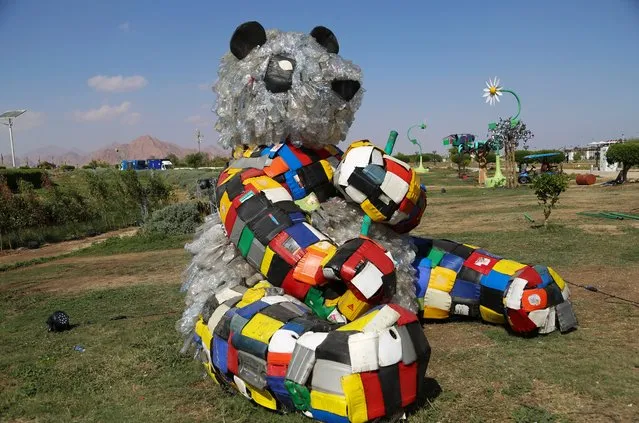 An installation drawing attention to waste made from plastic material is on display in the Green Zone of the U.N. COP27 Climate Summit in Sharm el-Sheikh, Egypt, Monday, November 7, 2022. (Photo by Thomas Hartwell/AP Photo)