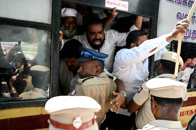 Police detain demonstrators during a protest against the newly approved Waqf (Amendment) Bill in Chennai on April 8, 2025. India's parliament passed a bill on April 3, to reform hugely wealthy Muslim land-owning organisations, with the Hindu nationalist government saying it will boost accountability while the opposition called it an "attack" on a minority. (Photo by R. Satish Babu/AFP Photo)
