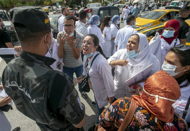 A group of Tunisian nurse gather in front of Health Ministry demanding better working conditions in Tunis, Tunisia on October 01, 2020. Tunisian police and the protesters argue after the some of demonstrators blocked some roads. (Photo by Yassine Gaidi/Anadolu Agency via Getty Images)