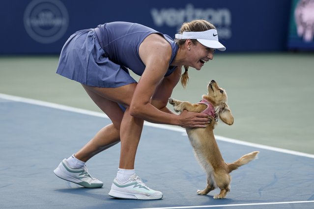 Anna Kalinskaya celebrates with her dog Bella on the court after winning her women's singles match against Emma Raducanu of the United Kingdom on day 6 of the Mubadala Citi DC Open 2025 at William H.G. FitzGerald Tennis Center on July 26, 2025 in Washington, DC. (Photo by Scott Taetsch/Getty Images)