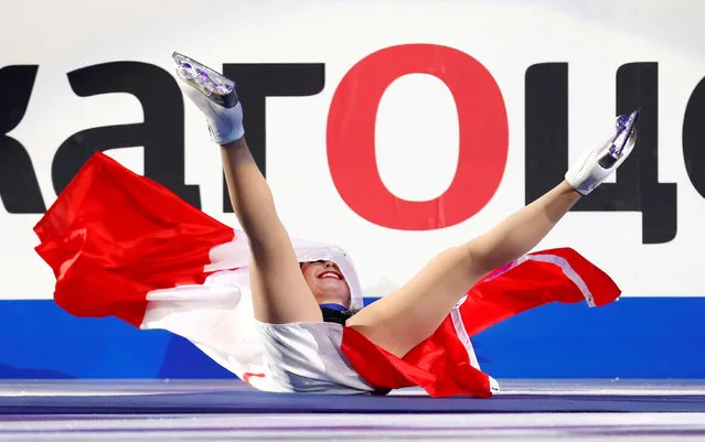 Kaetlyn Osmond of Canada celebrates after winning the women' s free skating program, at the Figure Skating World Championships in Assago, near Milan, Italy, Friday, March 23, 2018. (Photo by Alessandro Garofalo/Reuters)