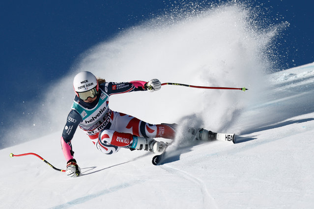 France's Karen Clement speeds down the course during an alpine ski, women's World Cup super-G event, in St. Moritz, Switzerland, Sunday December 14, 2025. (Photo by Gabriele Facciotti/AP Photo)