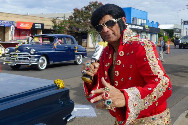 Alfred Vaz poses ahead of a parade at the Parkes Elvis Festival, in Parkes, Australia, 11 January 2025. The 32nd year of the festival is themed around Presley's 1967 film “Easy Come, Easy Go” and marks what would have been his 90th birthday. (Photo by Stephanie Gardiner/EPA/EFE)