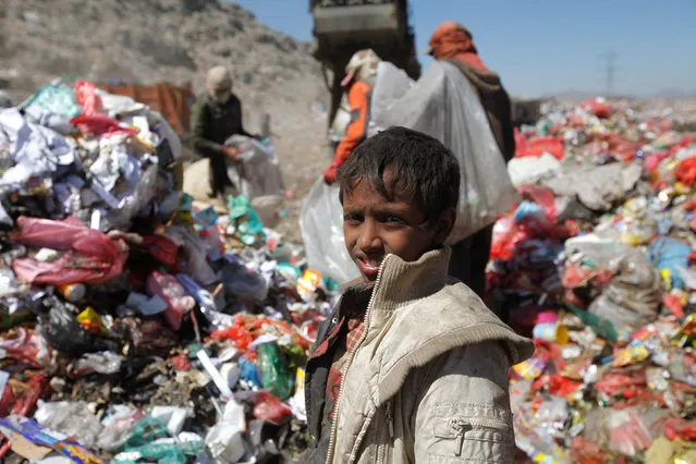 A boy looks as he stands on a pile rubbish to collect recyclable items at a landfill on the outskirts of Sanaa, Yemen November 16, 2016. (Photo by Mohamed al-Sayaghi/Reuters)