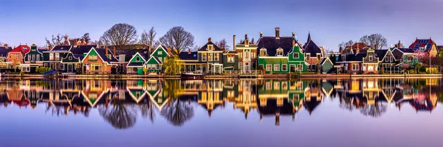Houses line a river bank in Zaanse Schans, Netherlands. (Photo by Hans Altenkirch/Epson International Pano Awards 2018)