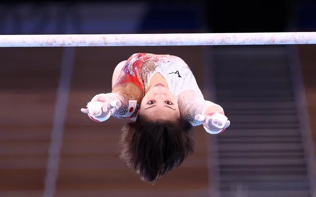 Mai Murakami of Team Japan trains on uneven bars during Women's Podium Training ahead of the Tokyo 2020 Olympic Games at Ariake Gymnastics Centre on July 22, 2021 in Tokyo, Japan. (Photo by Mike Blake/Reuters)
