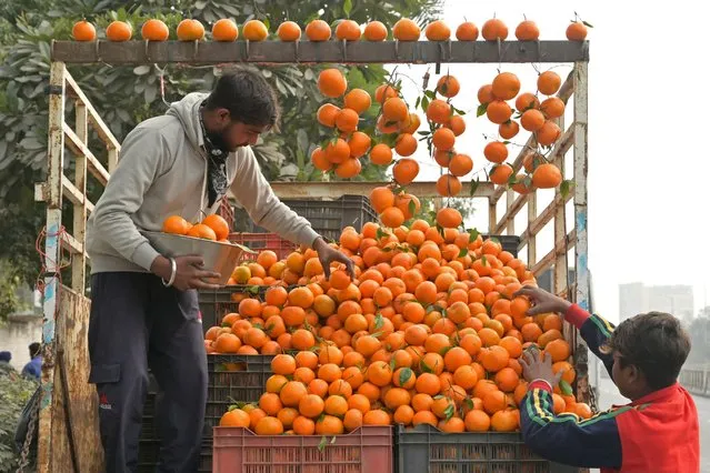 Vendors arrange oranges as they wait for customers in Amritsar on December 29, 2023. (Photo by Narinder Nanu/AFP Photo)