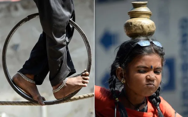 Nine year old girl Barsati reacts while walking on a tightrope in Mumbai on February 11, 2014. Barsati, and her younger brother Rajababu, (4) earn an average of around 2000 rupees (32 dollars) per day from pedestrians and tourists performing various acts on the tightrope near the city's iconic landmark Gateway of India. (Photo by Indranil Mukherjee/AFP Photo)