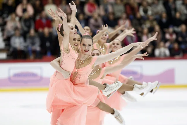 Team Paradise from Russia perform their free skating routine to win the ISU World Synchronized Skating Championships 2019 in Helsinki, Finland on April 13, 2019. (Photo by Roni Rekomaa/ Lehtikuva via AFP Photo)