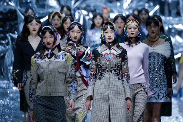 Models  showcases designs on the runway at Mary Katrantzou Collection show during the Mercedes-Benz China Fashion Week Autumn/Winter 2016/2017 at 751D.PARK on March 27, 2016 in Beijing, China. (Photo by Lintao Zhang/Getty Images)