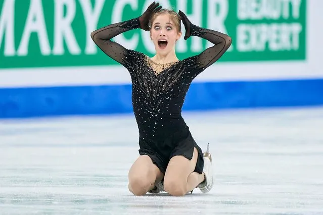Isabeau Levito of the United States reacts after skating in the women's free program during the International Skating Union (ISU) World Figure Skating Championships in Montreal, Canada, on March 22, 2024. (Photo by Geoff Robins/AFP Photo)
