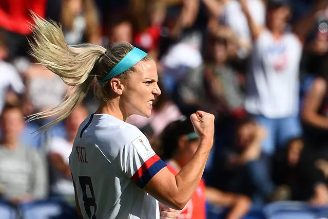 United States' midfielder Julie Ertz celebrates after scoring a goal during the France 2019 Women's World Cup Group F football match between USA and Chile, on June 16, 2019, at the Parc des Princes stadium in Paris. (Photo by Franck Fife/AFP Photo)