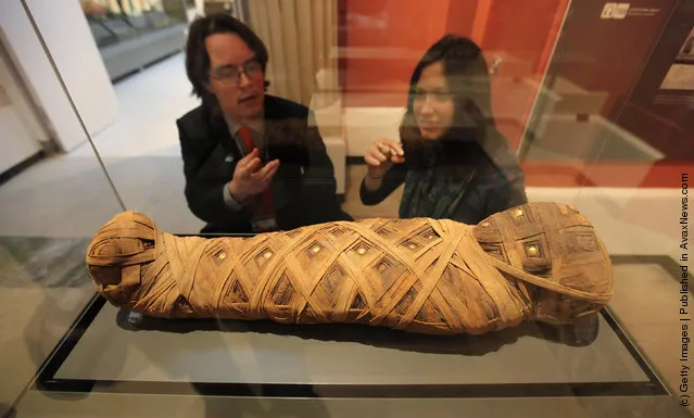 Members of the public view a mummified child dating from 80AD in the Ashmolean Museum's new exhibition of artifacts from ancient Egypt and Nubia