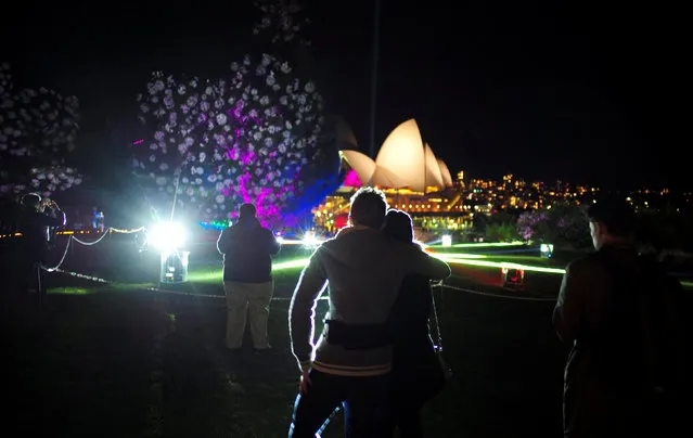 A light show projects onto a couple in Sydney's Botanical Gardens on the opening night of the annual Vivid Sydney light festival in Sydney, Australia May 27, 2016. (Photo by Jason Reed/Reuters)